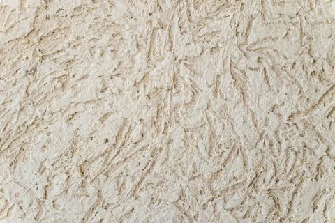 Beige surface plaster with relief texture at bark beetle style. Close-up. Stock Photos