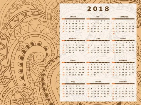 Beige tangle zen pattern calendar year 2018 Stock Illustration