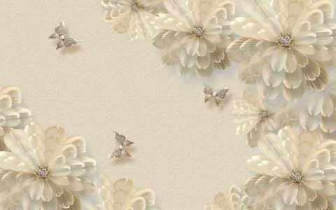 Beige textured background, abstract beige round flowers with crystals Stock Illustration