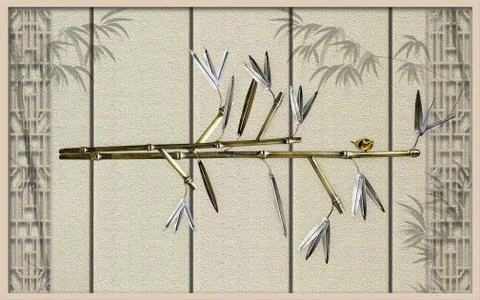 Beige textured background, large bamboo with sitting abstract golden bird Stock Illustration