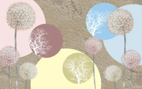 Beige textured background, multicolored circles and large dandelions Stock Illustration