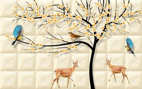 Beige tiled background, abstract ebony with small orange flowers, deer and birds Stock Illustration