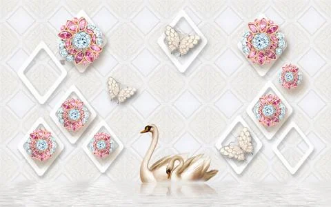 Beige tiled background, rhombic frames, jewelry flowers, a pair of swans Illustrazione stock