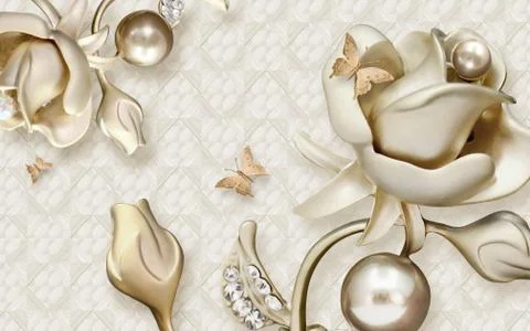 Beige tiled background, shiny balls, large beige ceramic flowers Stock Illustration