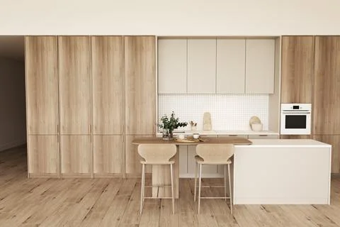 Beige tone kitchen interior with island and bar stool. Front view. Hotel eating Illustrazione stock