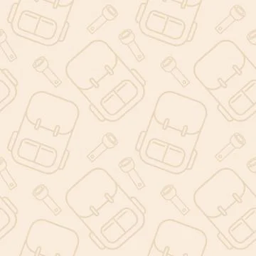 Beige traveling pattern with outline backpack and flashlight Stock Illustration