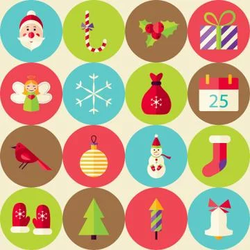 Beige Vector Flat Merry Christmas Seamless Pattern Set with Circles Stock Illustration