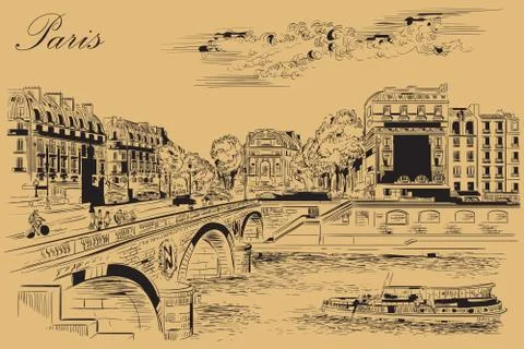 Beige vector hand drawing Paris, part 7 Stock Illustration