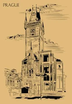 Beige vector hand drawing Prague, part 6 Stock Illustration