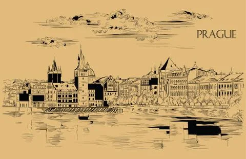 Beige vector hand drawing Prague, part 9 2 Stock Illustration