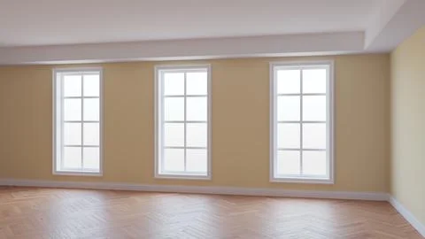 Beige Walls Interior, Three Large Windows, Light Glossy Herringbone Parquet Stock Illustration