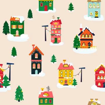 Beige Winter Houses Seamless Pattern Stock Illustration