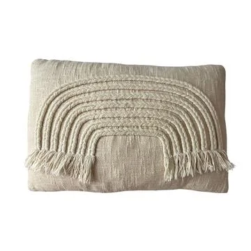 Beige Woven Boho Throw Pillow with Fringe and Braided Pattern Isolated on White 写真素材