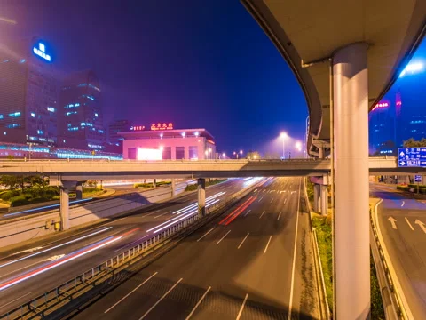 Beijing busy traffic at night Stockbeeldmateriaal 81084053