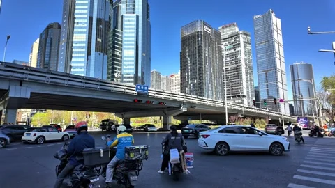 Beijing CBD Morning Rush Hour Traffic and Skyscrapers, China - April 2026 Stock Footage 336601655