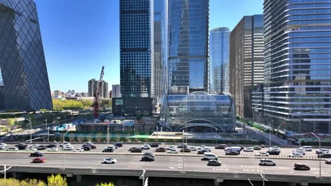 Beijing CBD Morning Rush Hour Traffic and Skyscrapers, China - April 2026 Stock Footage 336601667