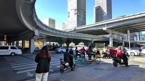 Beijing CBD Morning Rush Hour Traffic and Skyscrapers, China - April 2026 Stock Footage 336601712