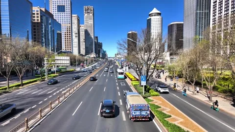Beijing CBD Morning Rush Hour Traffic and Skyscrapers, China - April 2026 Stock Footage 336601805