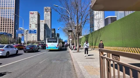 Beijing CBD Morning Rush Hour Traffic and Skyscrapers, China - April 2026 Stock Footage 336601855