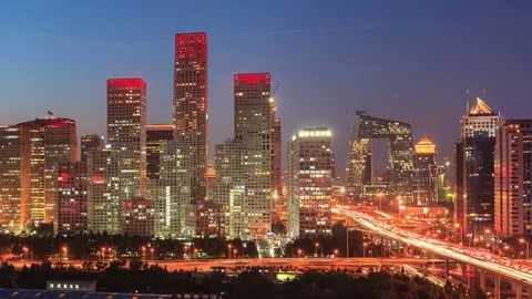 Beijing Central Business District(CBD), Day to Night, Time-Lapse(Panning Shot). Stock Footage