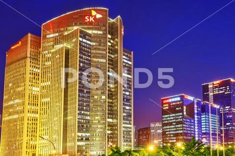BEIJING, CHINA - MAY 20, 2015:Evening, night modern Beijing business quarter Stock Photos