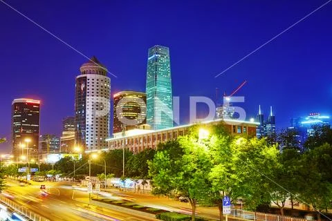 BEIJING, CHINA - MAY 20, 2015:Evening, night modern Beijing business quarter Stock Photos