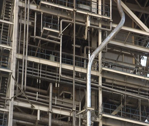 Beijing, China; Tangled grid of pipes on exterior of Shen Hua Sanhe power plant Stock Footage 86746806