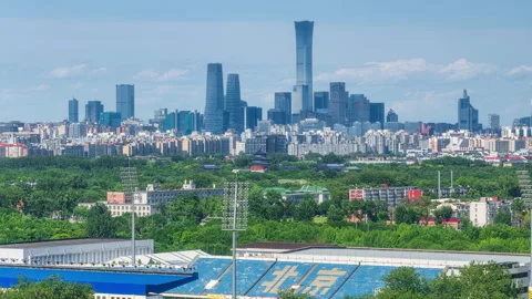 Beijing City Skyline Featuring Temple of Heaven, China Zun, and Stadium Stock Footage 336428385
