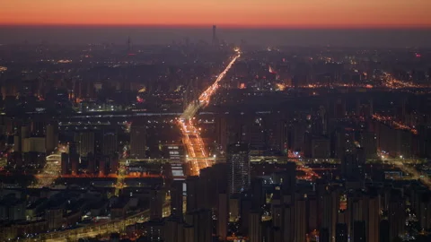 Beijing Cityscape at Night Panoramic View of Changan Avenue Stock Footage 332756171