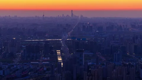 Beijing Cityscape at Night Panoramic View of Changan Avenue and CBD Skyline Stock Footage 332854247