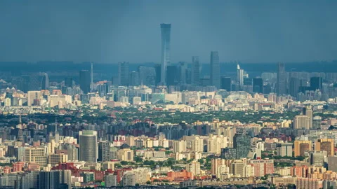Beijing Downtown Featuring Sunlit Skyscraper Cluster and Historic Landmarks Stock Footage 336847292