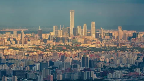 Beijing Downtown Transitioning from Sunset to Night View Featuring CBD Stock Footage 336861747