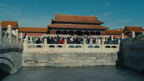 Beijing Forbidden City Gate of Supreme Harmony View with Frozen Golden River Stock Footage 337451204