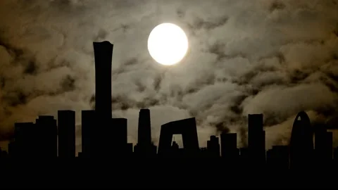 Beijing by Night, Time Lapse with Full Moon, Fog and Dark Atmosphere, China Stock Footage 149868754