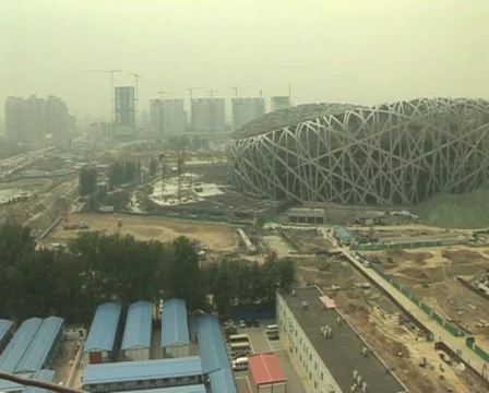 Beijing Olympic stadium under construction Stock Footage 285412