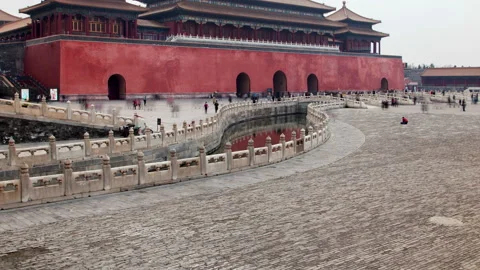 Beijing palace complex of Forbidden City China pan up Stock Footage 121599823
