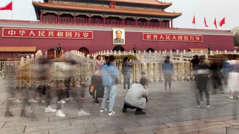 Beijing palace complex of Forbidden City China pan up Stock Footage 121599977