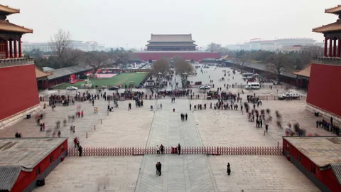 Beijing palace complex of Forbidden City China pan up Stock Footage 121600092