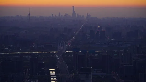 Beijing Panoramic Cityscape at Dawn From New Shougang Bridge to CBD Skyline Stock Footage 332756140