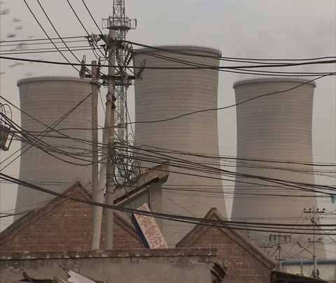 Beijing power plants, bikes, evening rush hour Stock Footage 86745331