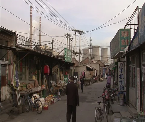 Beijing power plants, bikes, evening rush hour Stock Footage 86745340