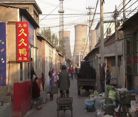 Beijing power plants, bikes, evening rush hour Stock Footage 86745483