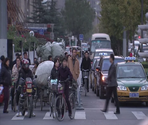 Beijing power plants, bikes, evening rush hour Stock Footage 86745675