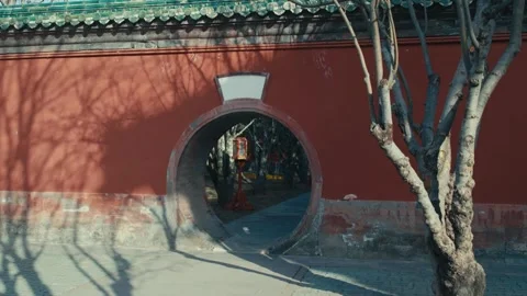 Beijing Temple of Heaven Moon Gate in Red Wall with Bare Tree Foreground and Stock Footage 337025374