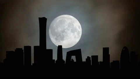 Beijing, Time Lapse by Night with Full Moon and Silhouette Metropolis Stock Footage 149820543