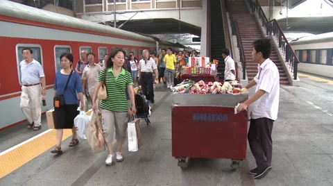 Beijing train station, platform vendors Stock Footage 58607432