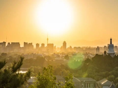 Beijing urban skyline at sunset view from Jingshan Park Stockbeeldmateriaal 80231235