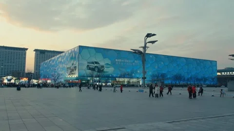 Beijing Wide-angle view of the iconic Water Cube illuminated at dusk, featuring Stock Footage 337770748