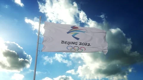 Beijing Winter Olympics 2022 flag waving in the wind, blue sky background Stock Footage 166968846