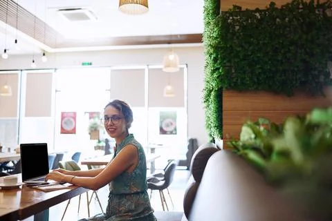 Being self employed is the best choice for me. a young woman using a laptop Stock Photos